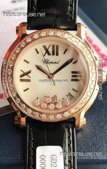 Chopard Happy Rose Gold Swiss Quartz Watch 1:1 Mirror Replica - Genuine Diamonds 