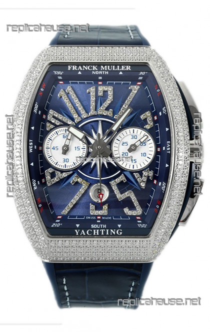 Franck Muller Vanguard V45 Chronograph 904L Steel Blue Dial with Diamonds Swiss Watch