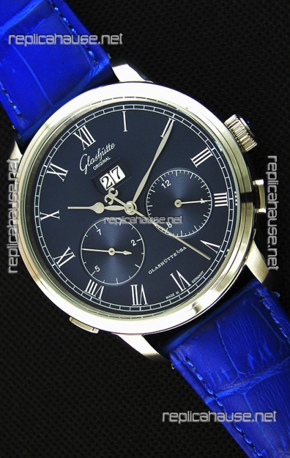 Glashuette Dual Sub Dial Japanese Replica Watch in Blue Dial