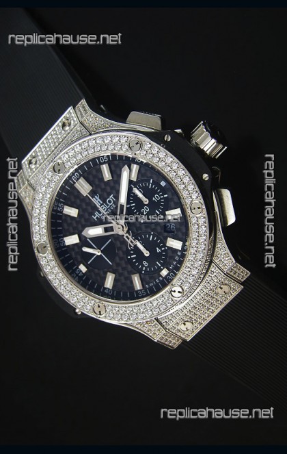 Hublot Big Bang Carbon Dial Diamonds Studded Stainless Steel Swiss Watch 
