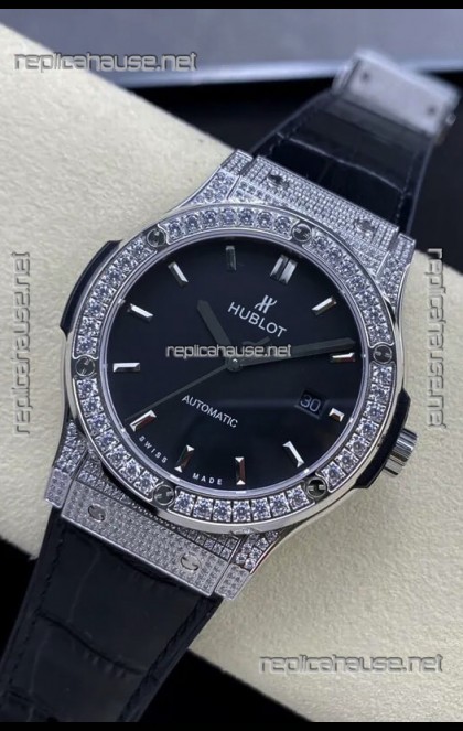 Hublot Classic Fusion Stainless Steel Diamonds Black Dial Swiss Replica Watch 1:1 Mirror Quality