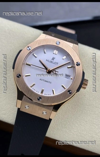 Hublot Classic Fusion 1:1 Mirror Replica Swiss Watch in Rose Gold 904L Steel Casing White Dial 38MM