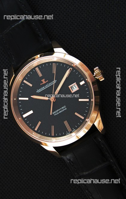 Jaeger LeCoultre Geophysic True Second Pink Gold Swiss Replica Watch Black Dial 