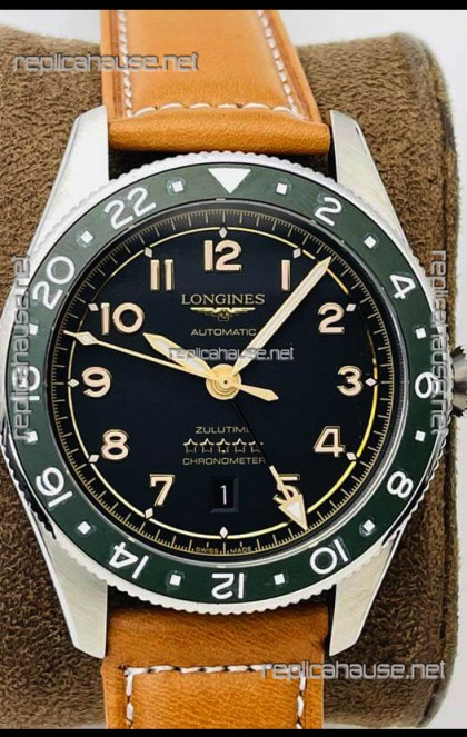 Longines Spirit ZULU Time 1:1 Mirror Replica Watch in 904L Steel Casing - Swiss L844.4 Automatic Movement Brown Strap