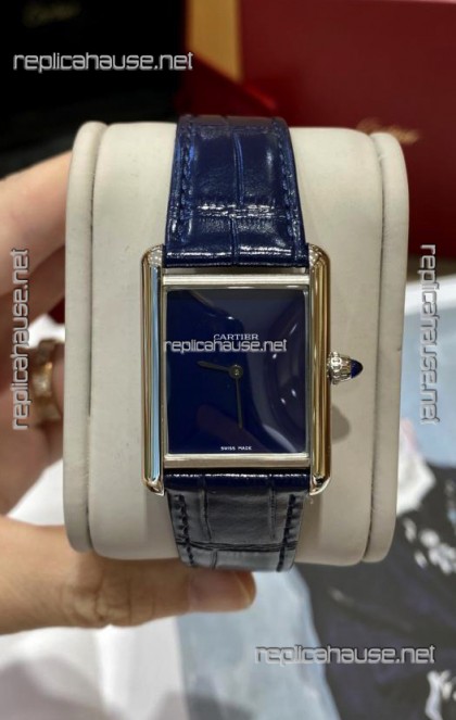 Must De Cartier Tank Edition Watch in 904L Stainless Steel Casing Dark Blue Dial