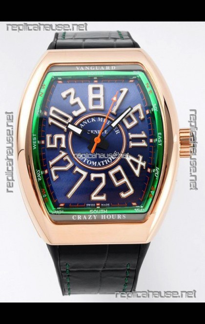 Franck Muller Vanguard Crazy Hours in Rose Gold Plating - Steel Blue Dial Swiss Replica Watch 
