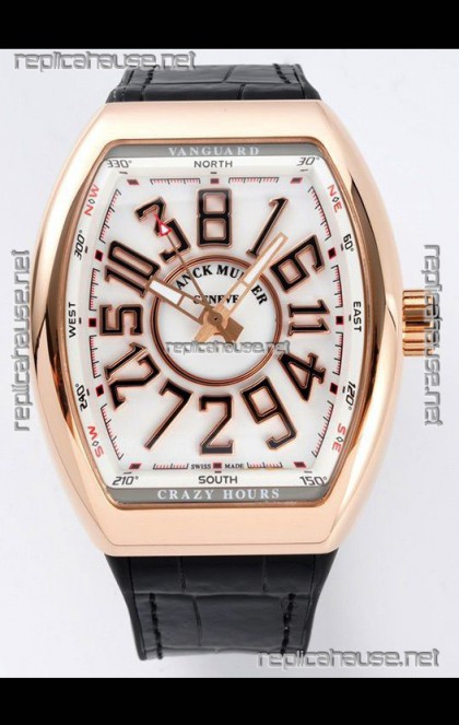 Franck Muller Vanguard Crazy Hours in Rose Gold Plating - White Dial Swiss Replica Watch 