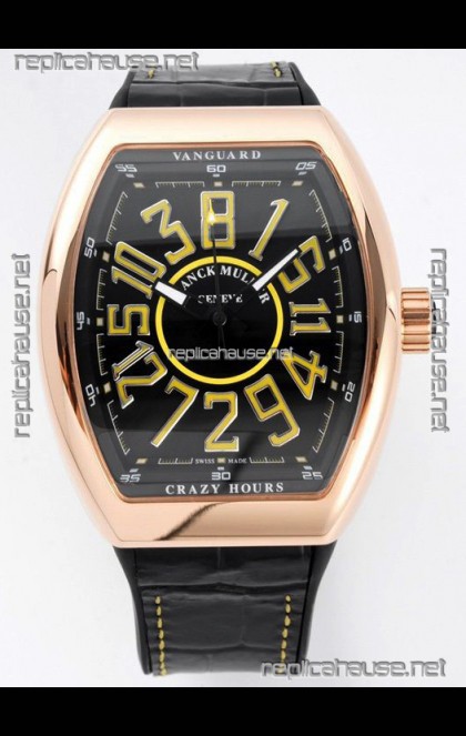 Franck Muller Vanguard Crazy Hours in Rose Gold Plating - Black Dial Swiss Replica Watch 