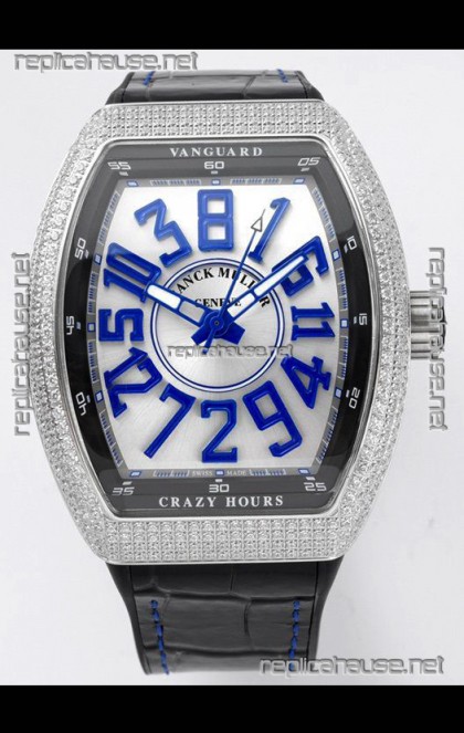 Franck Muller Vanguard Crazy Hours in Stainless Steel Diamonds - White Dial Swiss Replica Watch 