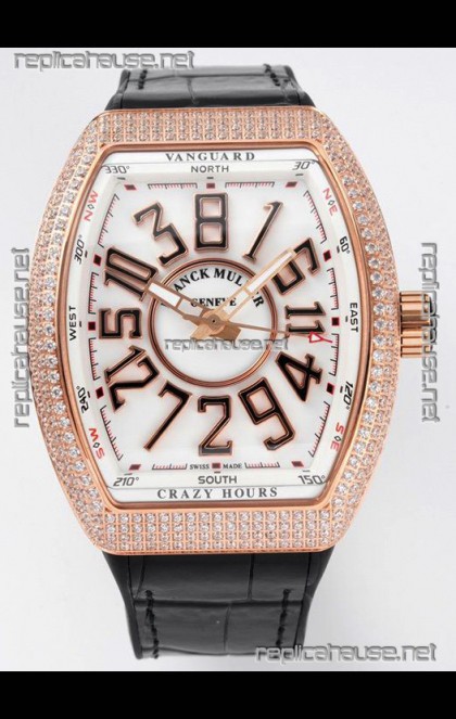 Franck Muller Vanguard Crazy Hours Rose Gold Diamonds - White Dial Swiss Replica Watch 