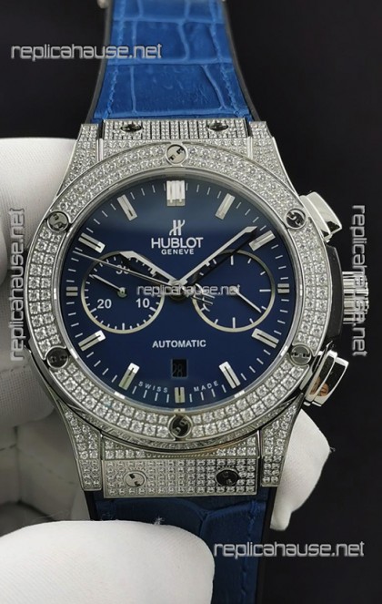 Hublot Classic Fusion Chronograph Steel Diamonds Casing Blue Dial 1:1 Mirror Replica Watch 