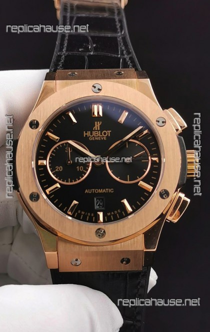 Hublot Classic Fusion Chronograph Rose Gold Casing Black Dial  1:1 Mirror Replica Watch 