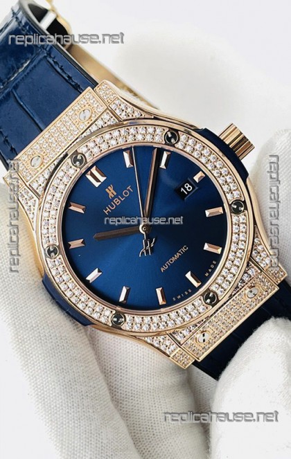 Hublot Classic Fusion Diamonds Rose Gold Steel Blue Dial Swiss Replica Watch 1:1 Mirror Quality 