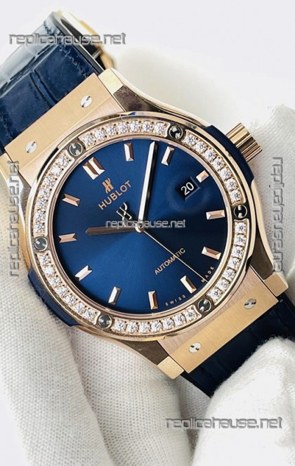 Hublot Classic Fusion Rose Gold Steel Blue Dial Swiss Replica Watch 1:1 Mirror Quality 