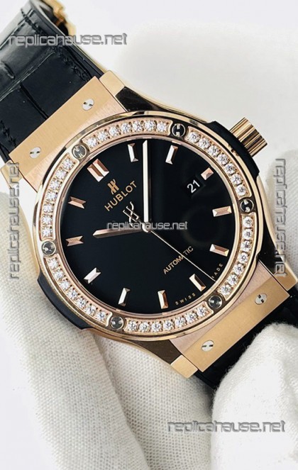 Hublot Classic Fusion Rose Gold Black Dial Swiss Replica Watch 1:1 Mirror Quality 