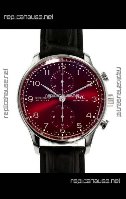 IWC Portuguese Chronograph Swiss Replica Watch in Steel Case Maroon Dial - 1:1 Mirror Replica Edition