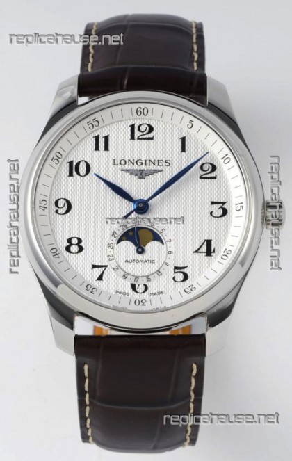 Longines Master Collection Automatic Moonphase White Dial Swiss Replica Watch Leather Strap