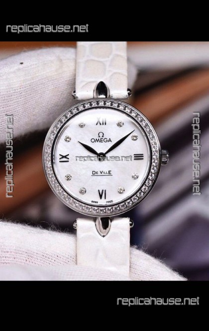 Omega De Ville Prestige Dewdrop Edition Swiss Quartz Watch in White Dial and Strap