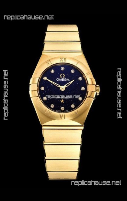 Omega Constellation Ladies Swiss Quartz 1:1 Mirror Replica - Yellow Gold Casing in Black Starry Dial 