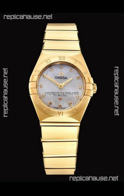 Omega Constellation Ladies Swiss Quartz 1:1 Mirror Replica - Yellow Gold Casing White Pearl Dial