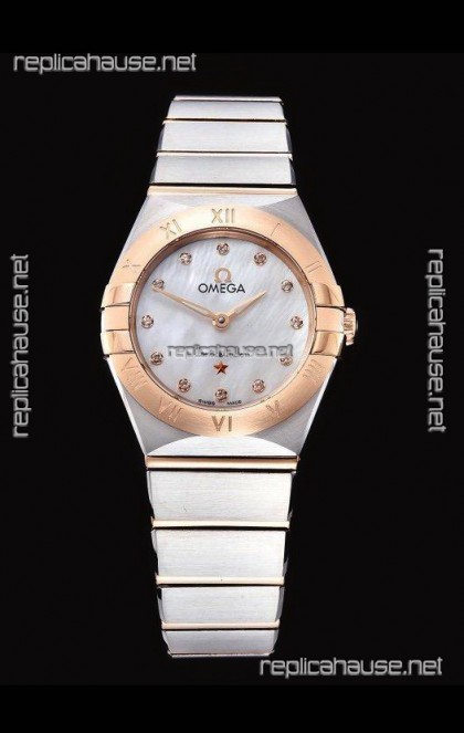 Omega Constellation Ladies Swiss Quartz 1:1 Mirror Replica - Two Tone Casing in White Pearl Dial