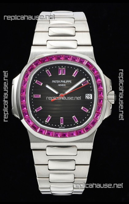 Patek Philippe Nautilus 5711 Black Dial 1:1 Mirror Replica in 904L Steel with Rubies Bezel