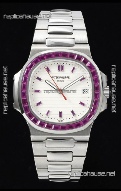 Patek Philippe Nautilus 5711 White Dial 1:1 Mirror Replica in 904L Steel with Rubies Bezel