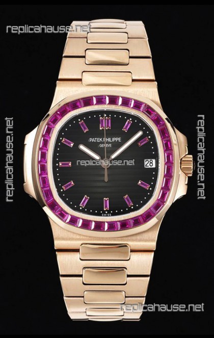 Patek Philippe Nautilus 5711 Black Dial 1:1 Mirror Replica in Rose Gold 904L Steel with Rubies Bezel