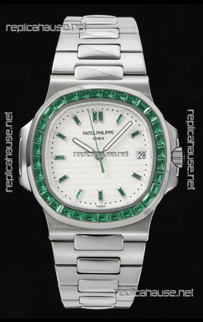 Patek Philippe Nautilus 5711 White Dial 1:1 Mirror Replica in 904L Steel with Rubies Bezel