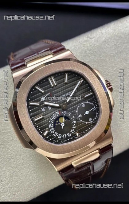 Patek Philippe Nautilus 5712/R 1:1 Quality Swiss Replica Watch in Brown Dial Leather Strap