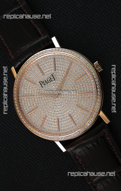 Piaget Altiplano G0A36128 Paved Diam Dial Swiss Quartz Replica Watch in Pink Gold Case
