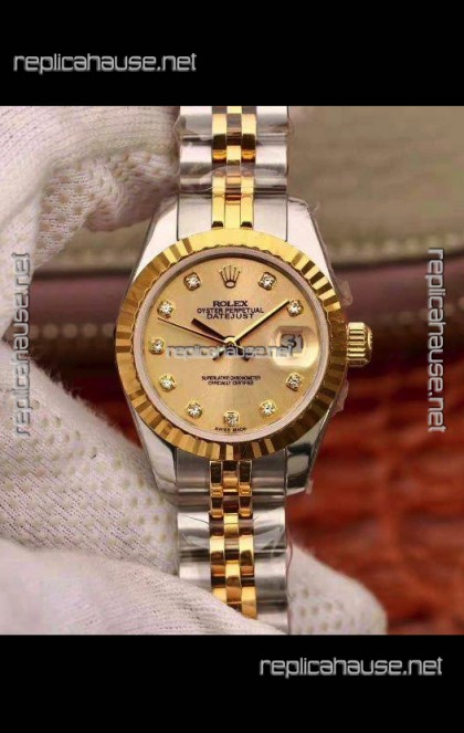 Rolex Datejust Ladies 28MM Cal.3135 Movement Swiss Replica in 904L Steel Yellow Gold 2 Tone Case