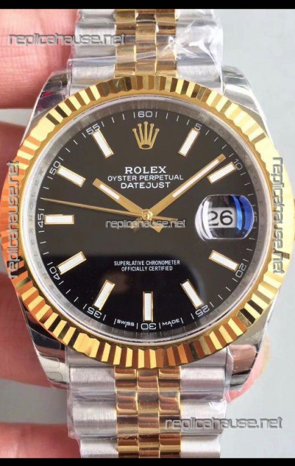 Rolex Datejust 41MM Cal.3135 Movement Swiss Replica Watch in 904L Steel Two Tone Black Dial