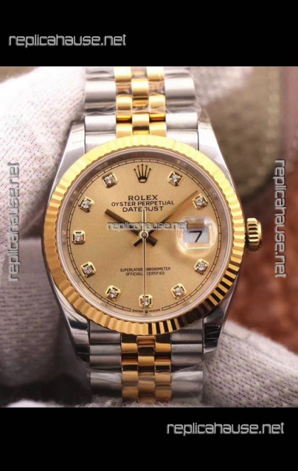 Rolex Datejust 36MM Cal.3135 Movement Swiss Replica Watch in 904L Steel Two Tone Casing Gold Dial