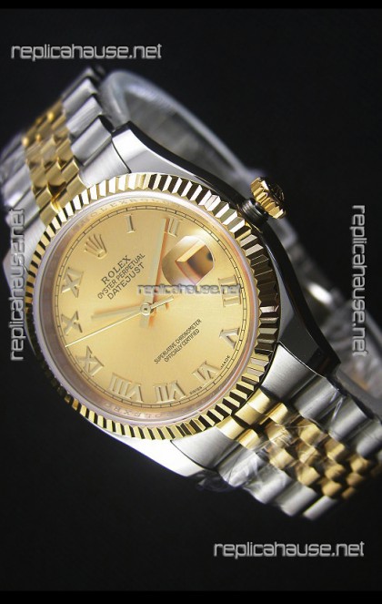 Rolex Datejust Replica Watch Gold with Roman Dial in 36MM with 3135 Swiss Movement 