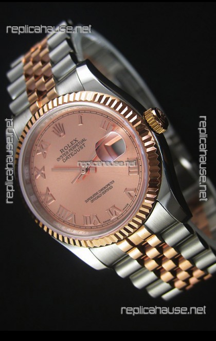 Rolex Datejust Replica Watch Rose Gold with Roman Dial in 36MM with 3135 Swiss Movement 