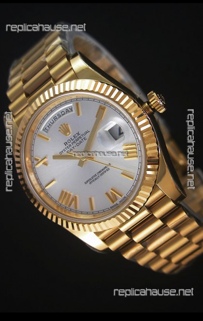 Rolex Day-Date 40MM Replica Watch in Silver dial with Roman Hour Numerals Cal.3255 Swiss Movement