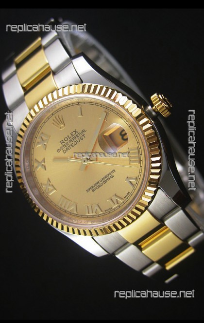 Rolex Datejust Replica Japanese Watch -  Two Tone Plating with Gold Dial in 36MM Casing