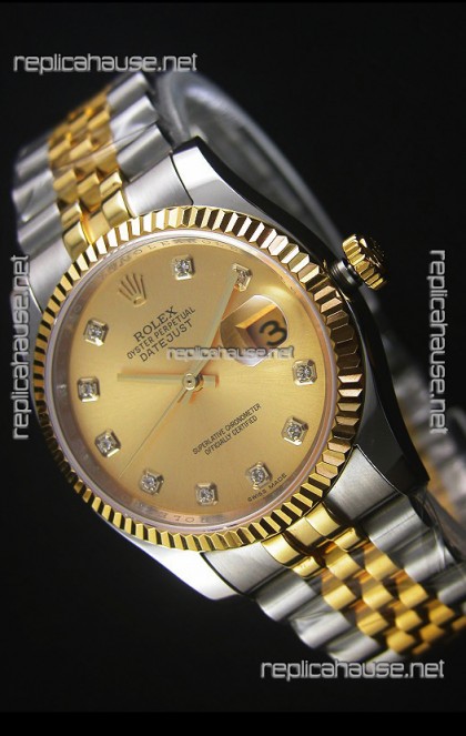 Rolex Datejust Replica Japanese Watch -  Two Tone Plating with Gold Dial in 36MM Casing