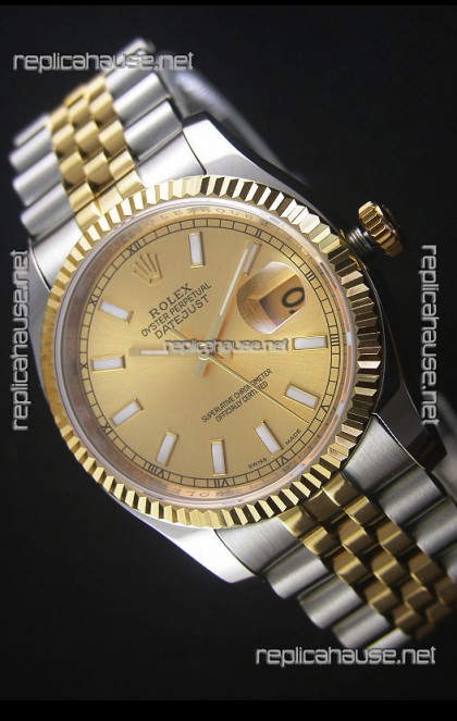 Rolex Datejust Replica Japanese Watch -  Two Tone Plating with Gold Dial in 36MM Casing