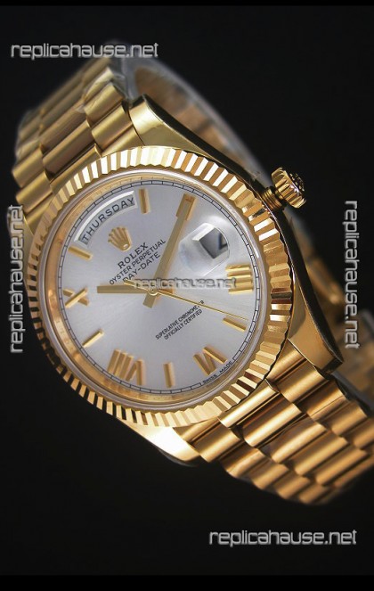 Rolex Day Date Japanese Replica Watch - Yellow Gold Casing in Steel Dial 40MM