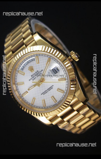 Rolex Day Date Japanese Replica Watch - Yellow Gold Casing in Steel Patterned Dial 40MM