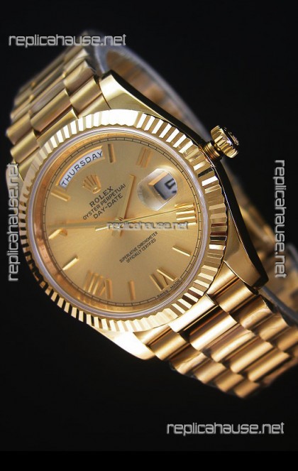 Rolex Day Date Japanese Replica Watch - Yellow Gold Casing in Gold Dial 40MM