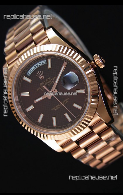 Rolex Day Date Japanese Replica Watch - Rose Gold Casing in Maroon Dial 40MM