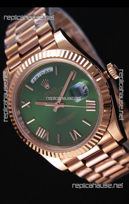 Rolex Day Date Japanese Replica Watch - Rose Gold Casing in Green Dial 40MM