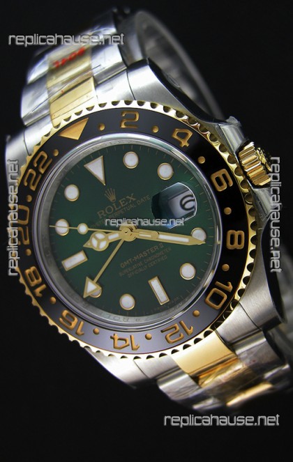 Rolex GMT Masters Japanese Replica Watch in Two Tone Rose Gold Casing Green Dial