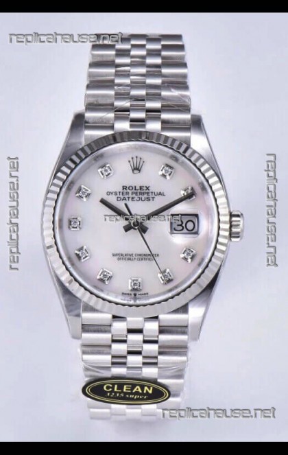 Rolex Datejust 126234 36MM Swiss Replica in 904L Steel in White Pearl Dial 1:1 Mirror Replica