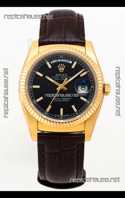 Rolex Day Date Yellow Gold 904L Steel Casing Watch in Black Dial 36MM - 1:1 Mirror Quality