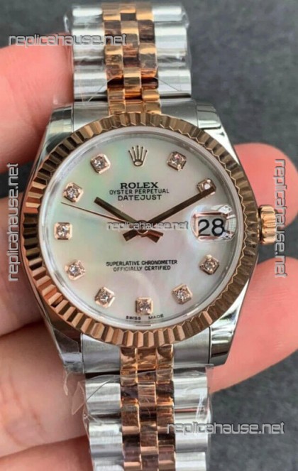 Rolex Datejust 31MM ETA-2671 Movement Swiss Replica in 904L Two Tone Rose Gold in Pearl Dial