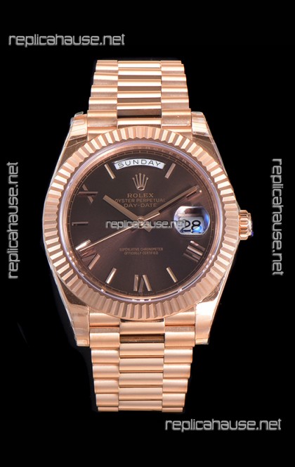 Rolex Day Date Watch in Brown Dial with Roman Hour Numerals Cal.3255 Movement - 904L Steel 